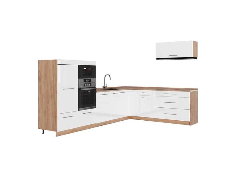  Vicco cuisine en angle, blanc haute brillancechêne de force doré, 327x60cm, pt chêne  - Conforama A