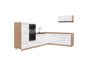 Vicco cuisine en angle, blanc haute brillancechêne de force doré, 327 x 227 cm, pt chêne