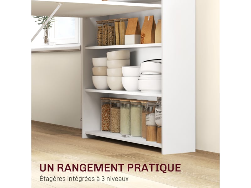 Table à manger pliante, table de cuisine pour 3 personnes, 78,5x91x93cm, plateau à abattant et 4 étagères, blanc - Conforama E