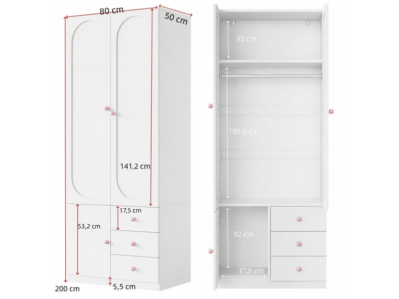 Armoire 2 portes 160 x 50 x 200 cm – blanche – ensemble 2 éléments, 3 tiroirs, penderie, poignées roses - Conforama C