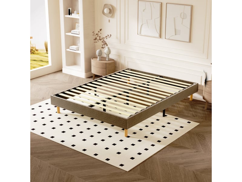  Cadre de lit rembourré marron 140 x 190 cm, 14 lattes, 9 pieds, hauteur 29 cm  - Conforama E