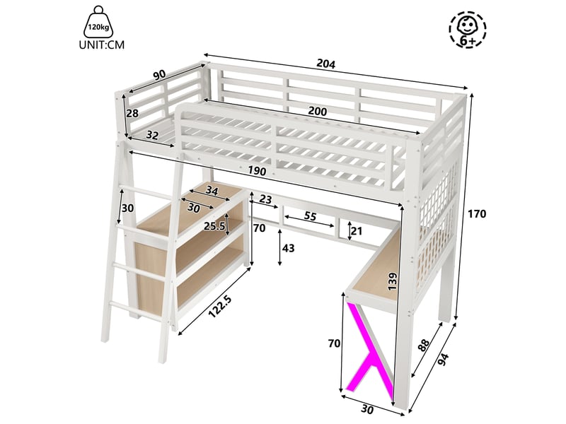 Lit mezzanine enfant 90x200 cm, bureau, placards de rangement, led multicolore, grille, métal et mdf, blanc Radiant Stride - Conforama C