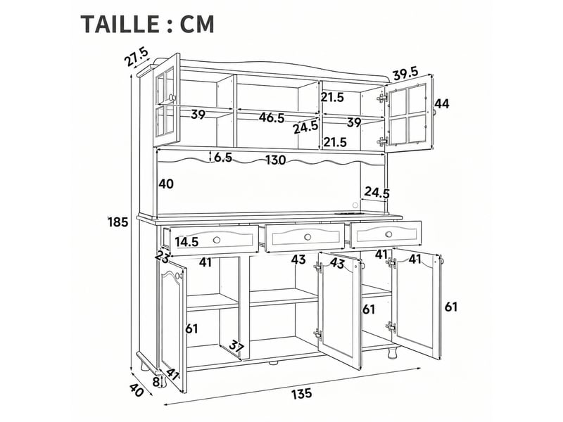  Buffet de cuisine blanc avec prises intégrées, 135 x 40 x 185 cm  - Conforama C