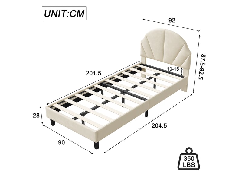  Lit jeunesse 90x200, lit simple 90x200, tête de lit réglable, revêtement velours, montage facile, beige  - Conforama C