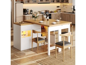 Îlot central de cuisine extensible 120-197x40x73,8 cm avec plateau pivotant 360°, led rgb, 4 tiroirs, portes vitrées et rangement - blanc
