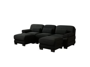 Canapé d’angle 3 places en u, design à cadre, 2 poufs, tissu cord doux, assise profonde, coussins épais, salon, noir
