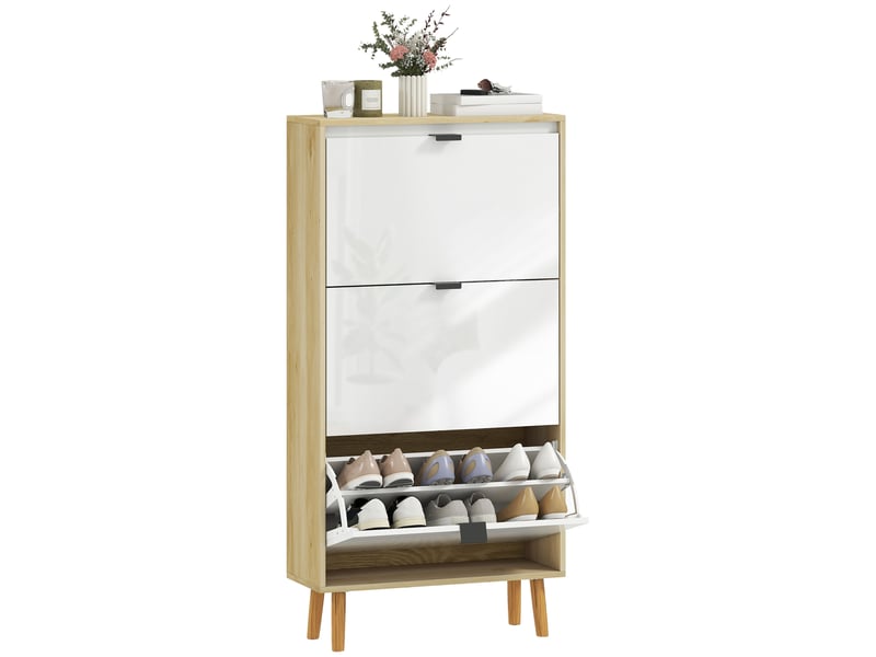  Meuble à chaussures, armoire à chaussures étroite, 3 tiroirs rabattables, porte haute brillante, 60x24x127cm, blanc  - Conforama A