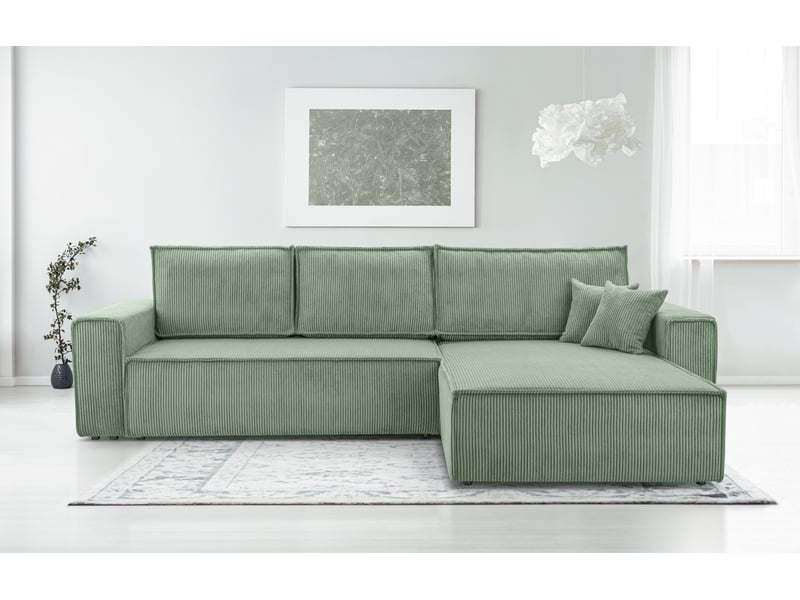  Canapé d’angle en velours côtelé cedria – 287 cm vert sauge CedriaMini - Conforama B