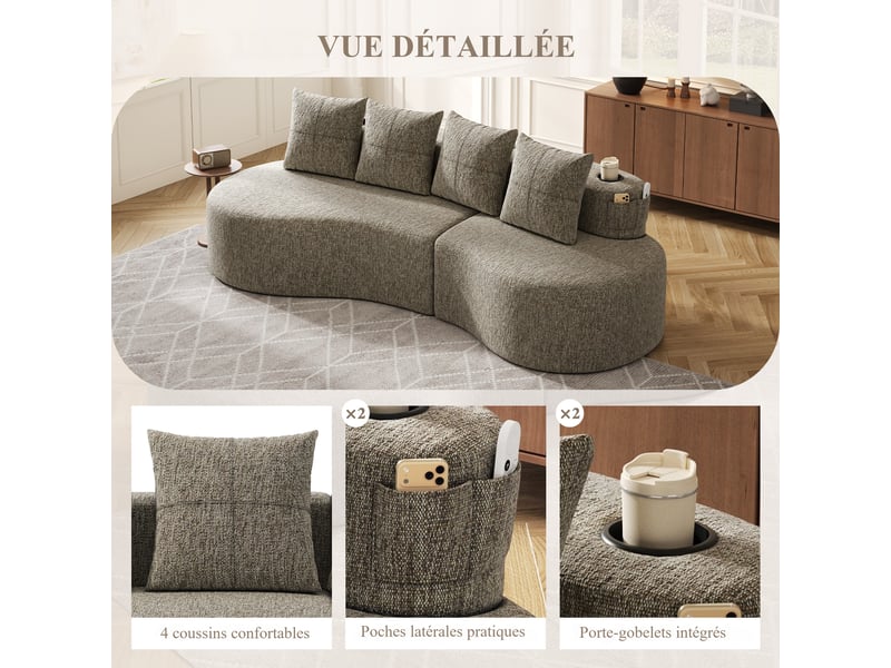  Canapé droit fixe en lin kaki 240 x 109 x 63 cm, 4 places, 4 coussins, porte-gobelets et poches latérales, salon 240x109x63cm - Conforama D
