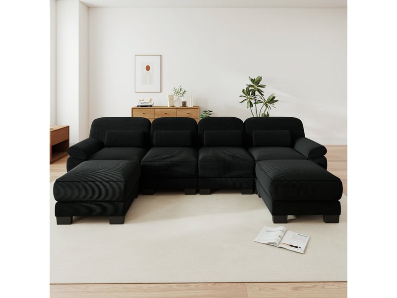  Canapé modulable en u - 4 places - 2 ottomans - velours côtelé - mobilier de salon - grand confort - assise confortable - noir CozyNest - Conforama C