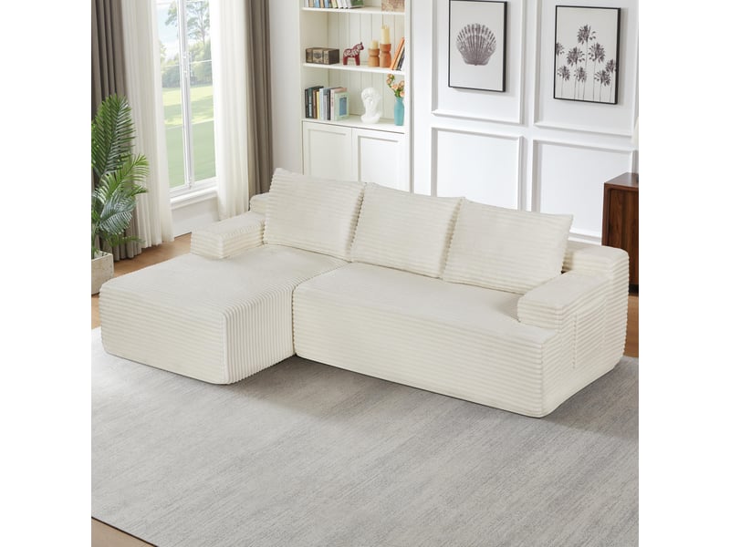  Canapé 4 places - 238x152x66cm - modulable sans montage avec méridienne gauche et tissu velours côtelé - beige  - Conforama D