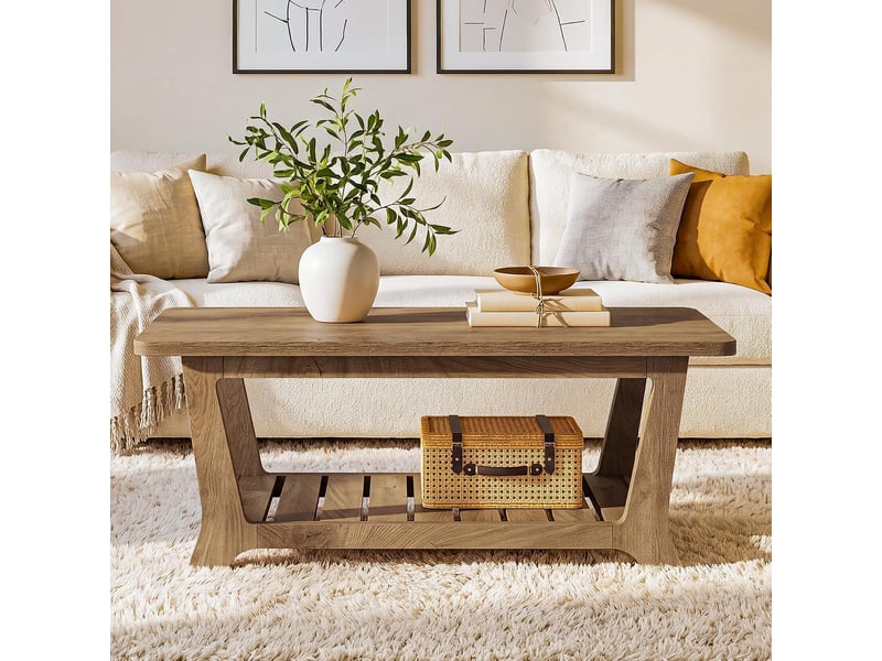  Tables basses rectangulaires avec espace de rangement pour le salon, table basse de 120 cm en bois brun style champêtre, à deux niveaux avec étagères  - Conforama D