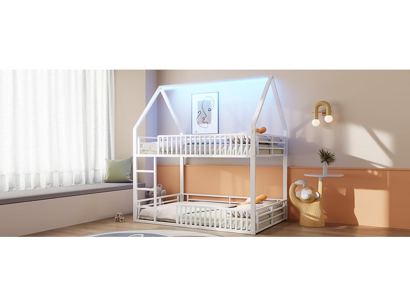  Lit superposé enfant 140x200 maison avec barrière et led blanc métal 24 lattes 150 kg Sol Morn - Conforama B