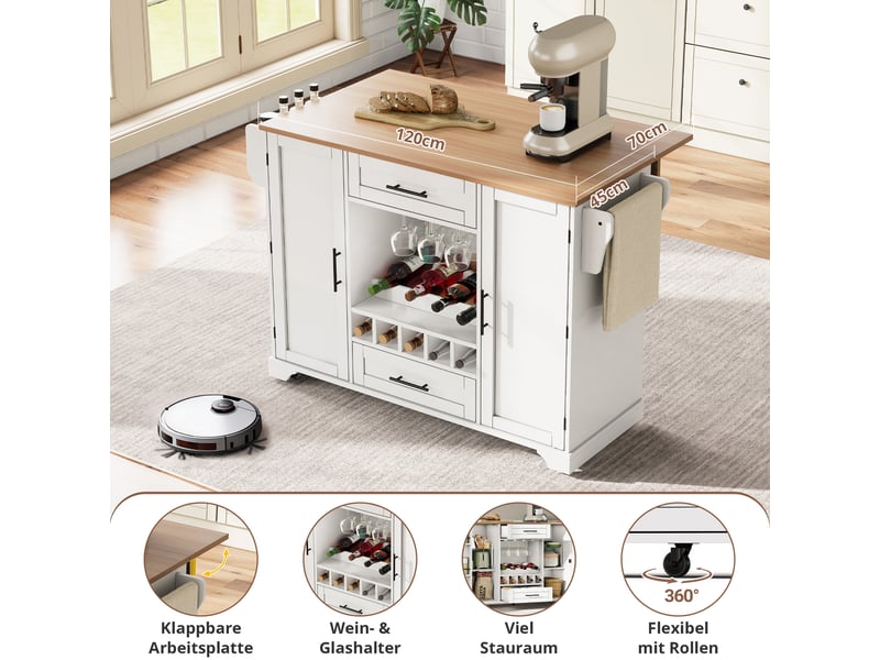  Desserte de cuisine,138x70x92 cm,avec plateau rabattable,mdf,blanc et naturel  - Conforama D
