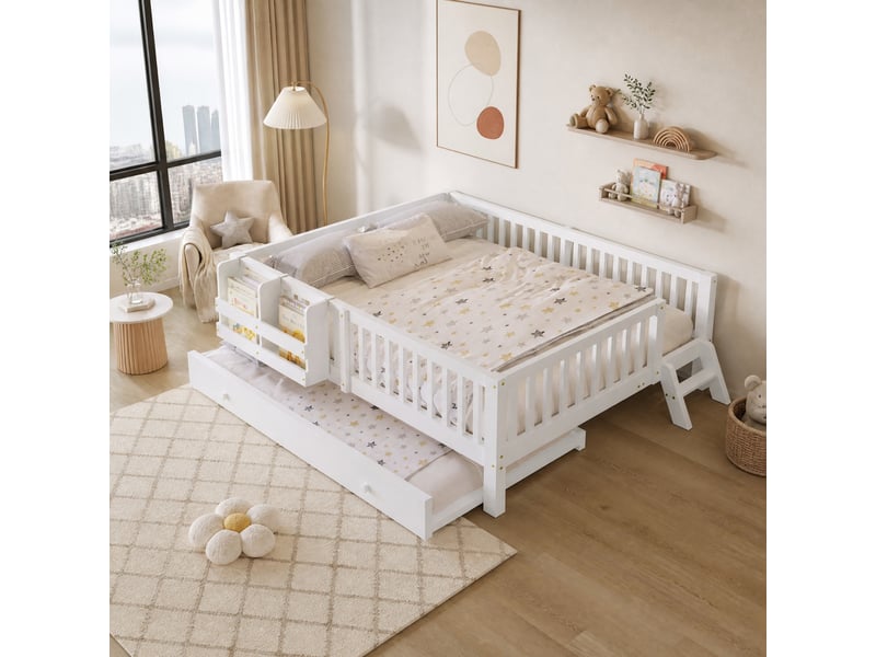 Lit enfant,140x200 cm,avec lit gigogne et rangement,mdf et pin,blanc  - Conforama B