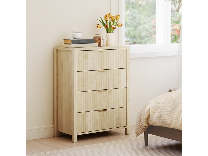  Commode à 4 tiroirs rainurés et poignées dorées, 70 x 38 x 93 cm, bois naturel  - Conforama C