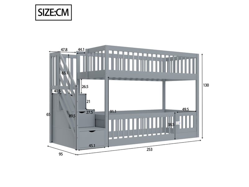  Lit superposé 90x200 cm avec barrières de sécurité, échelle avec tiroirs et 1 sommier, bois, couleur gris, sans matelas  - Conforama C