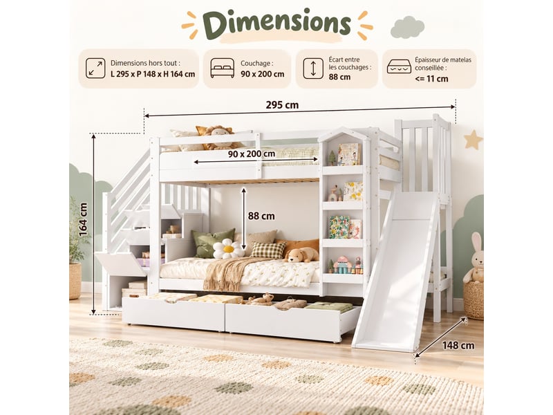  Lit superposé enfant 90 x 200 cm avec toboggan, escalier de rangement, bibliothèque et 2 tiroirs sur roulettes, blanc  - Conforama C