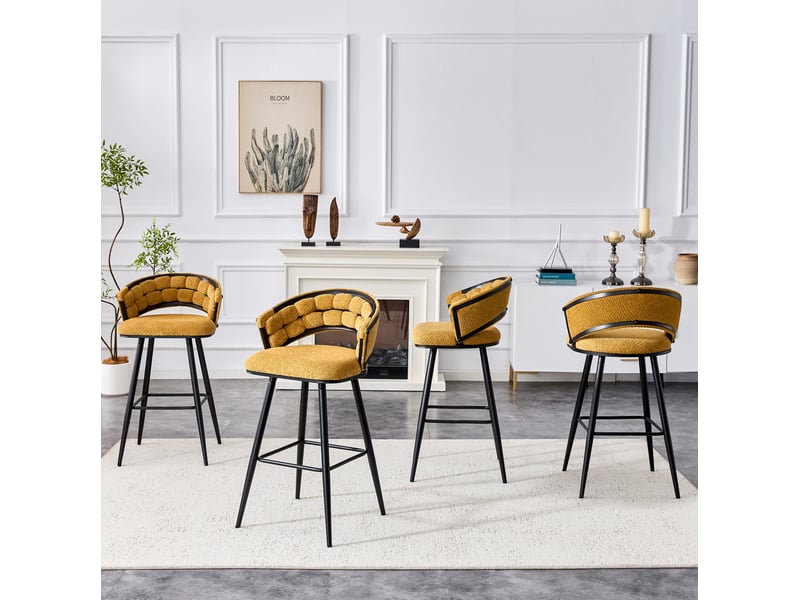  Tabouret de bar en velours avec dossier tressé, repose-pieds et assise rembourrée, style moderne, noir et jaune  - Conforama B