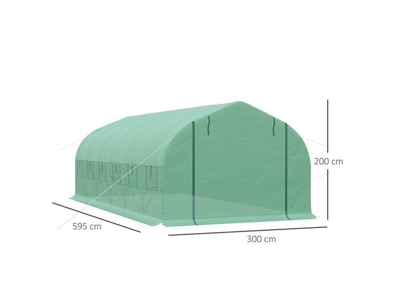  Serre tunnel extérieur 6x3x2 m, 12 fenêtres, porte enroulable zip métallique, plantes.  - Conforama E