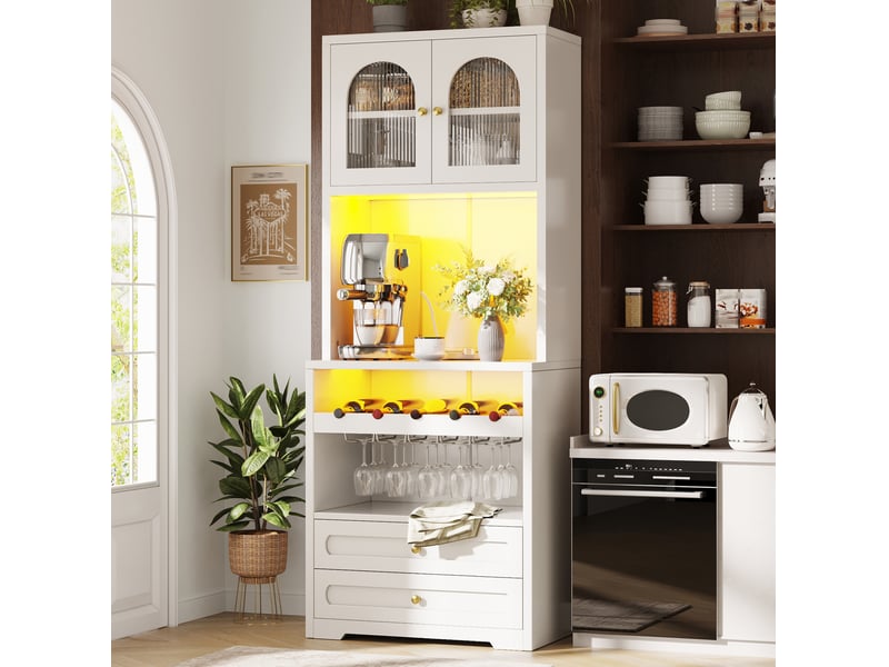  Buffet vitrine modenvie 70 x 40 x 180 cm avec portes en verre cintrées, led contrôlées par application, synchronisation musicale, casier à vin, usb, blanc  - Conforama B