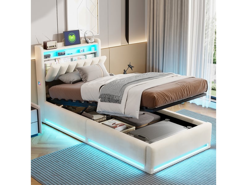  Lit simple de rangement 90x200cm avec éclairage led et port usb, espace de rangement, beige  - Conforama B