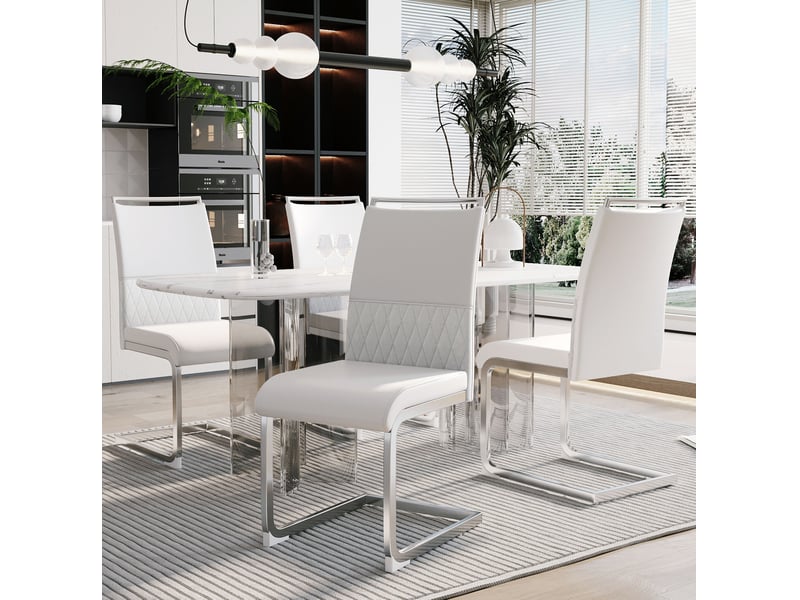  Lot de 4 chaises de salle à manger 42x48x95 cm métal blanc, dossier en pu et lin  - Conforama B