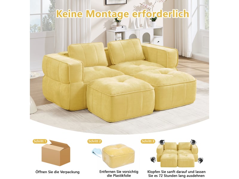  Canapé modulable 2 places avec 2 poufs en polyester jaune W3325S00497 - Conforama D