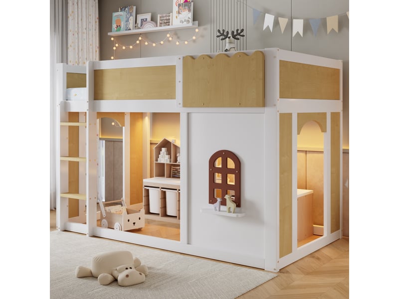  Lit mezzanine 90x200 cm, lit mi-haut enfant espace de jeu personnalisable, barrière ondulée, fenêtres, échelle, guirlande lumineuse, bois, blanc Bliss Lite - Conforama B