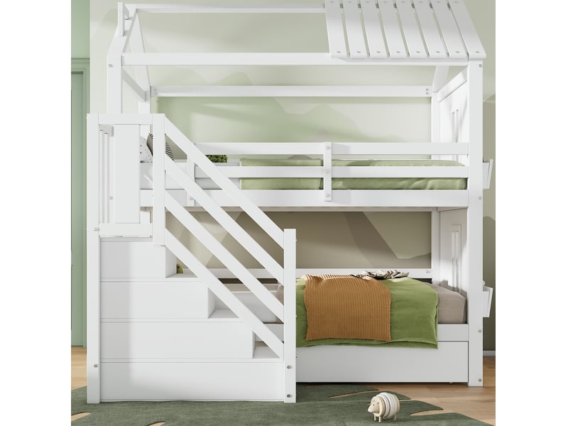  Lit superposé enfant 90x200 cm – blanc – escalier de rangement, tiroirs et étagères, sommier inclus  - Conforama B