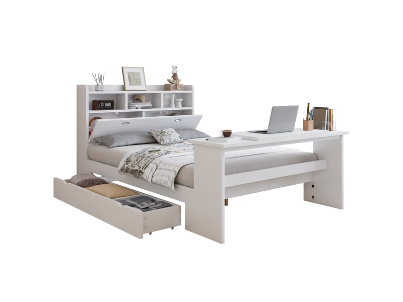 Lit enfant 2 places 140×200 cm avec rangements, tiroir et table pliante - okmyhome- blanc, sans matelas  - Conforama A