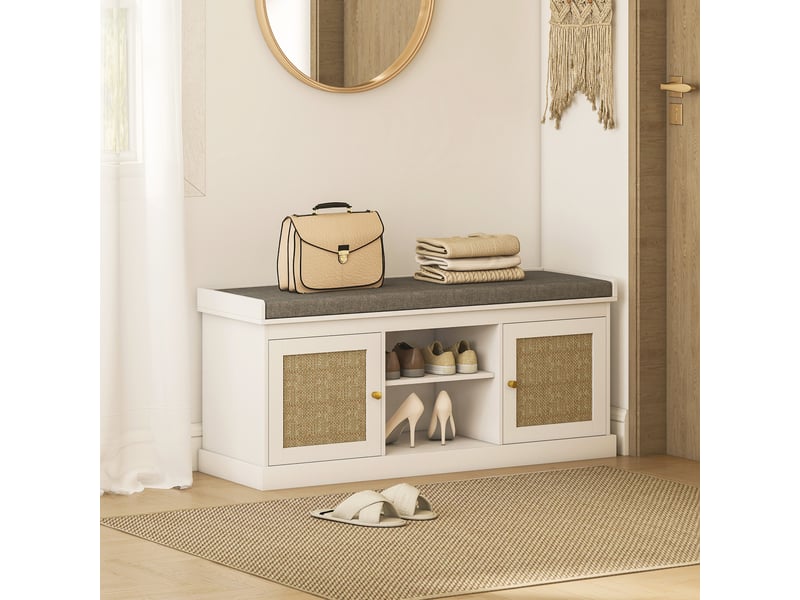  Banc à chaussures avec portes avant en rotin, étagères réglables et ouvertes pour entrée ou chambre, 105 x 35 x 47 cm, blanc  - Conforama C
