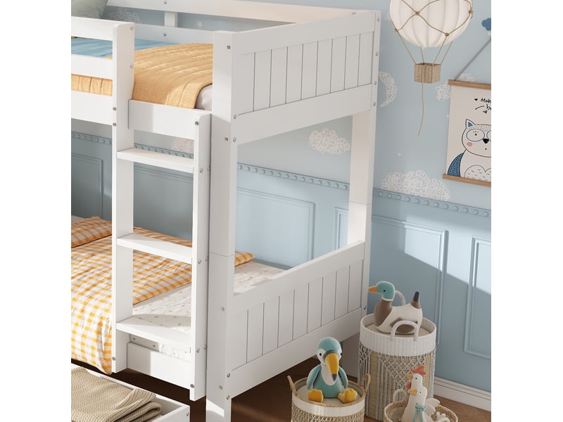  Lit superposé enfant 90x200 cm, séparable en 2 lits, 2 tiroirs, échelle, pin et mdf, blanc, sans matelas  - Conforama E