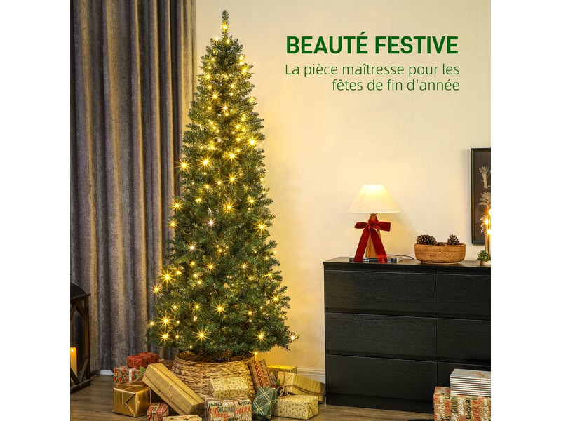  Sapin de noël artificiel 210 cm, arbre de noël fin avec 350 lumières, support en métal pliable, 1273 pointes, vert  - Conforama A
