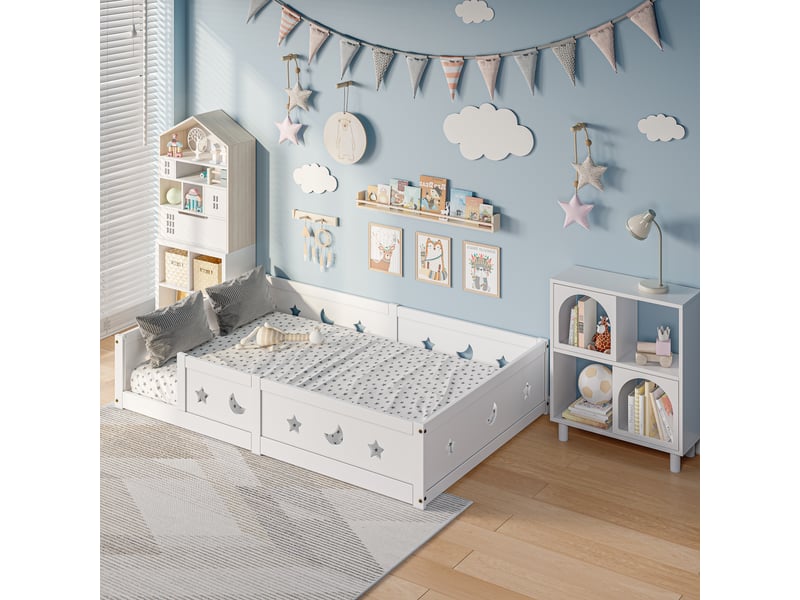 Lit au sol enfant 120x200, lit montessori au sol en bois massif avec barrière de sécurité et sommier à lattes - Conforama R