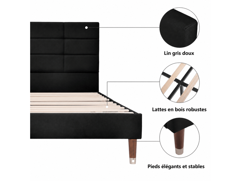 Lit double 140x200 cm - velours - tête de lit rembourrée - structure en bois - noir - Conforama R