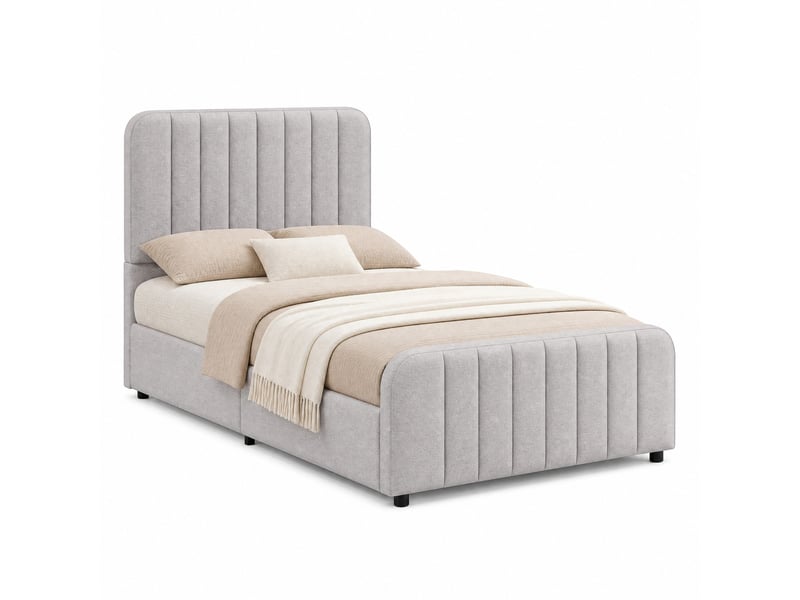  Lit coffre enfant simple 90×200 cm hydraulique, tête de lit rembourrée - okmyhome- en lin gris, sans matelas  - Conforama A