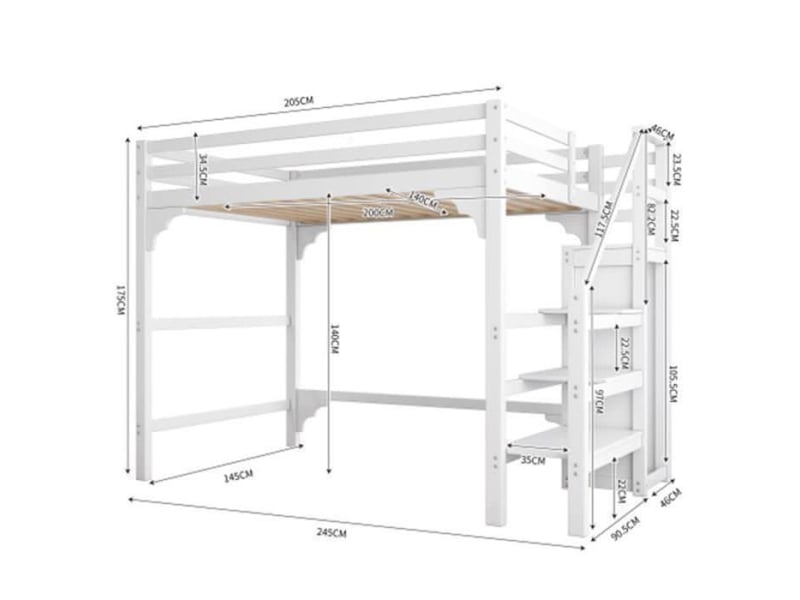  Lit surélevé lit jeune lit adulte lit 140x200cm avec escalier avec armoire lit d'adolescent espace de rangement blanc  - Conforama C
