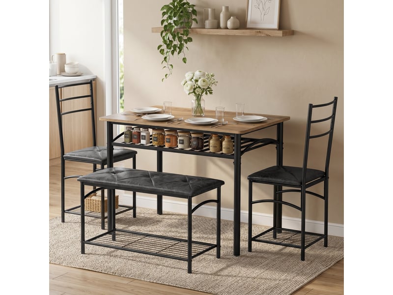  Ensemble salle à manger 4 pièces, table style industriel, 2 chaises, banquette 4 pers., similicuir marron.  - Conforama C