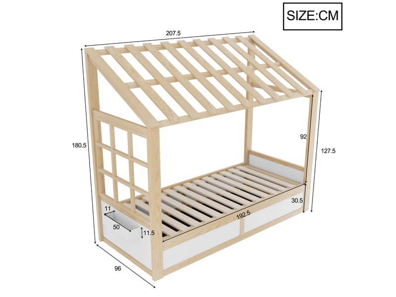  Lit cabane enfant 90 x 200 cm blanc et bois naturel avec rangement hydraulique et étagères latérales  - Conforama E