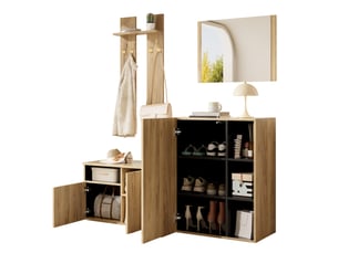 Meubles d'entrée 4 en 1 avec miroir, crochets, meuble à chaussures et banc, pour entrée, noir et naturel, 120 × 35 × 123 cm