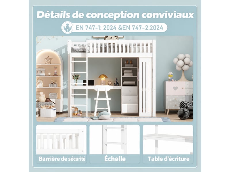 Lit mezzanine 90 x 200 cm avec bureau, armoire et 3 tiroirs, en pin et mdf blanc pour chambre enfant - Conforama E
