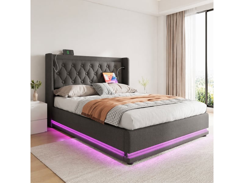 Lit double avec rangement hydraulique gris en coton 140 x 200 cm avec led et ports usbtype-c - Conforama C