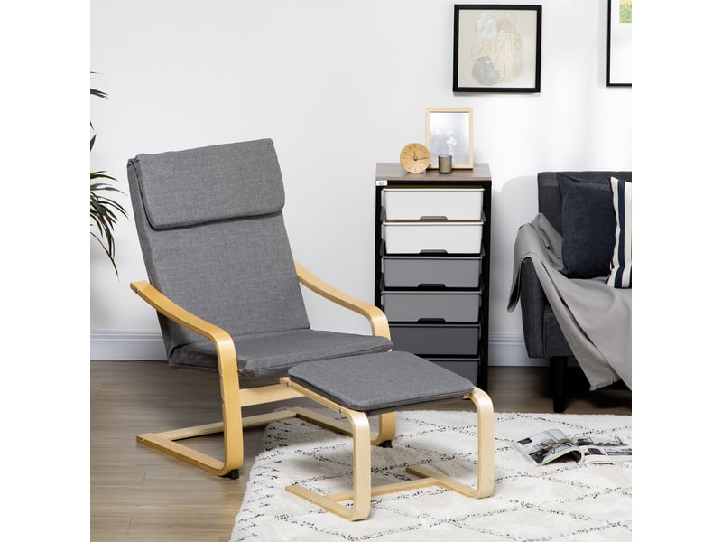  Fauteuil avec repose-pieds, ensemble fauteuil, aspect lin, bois massif, gris et naturel  - Conforama D