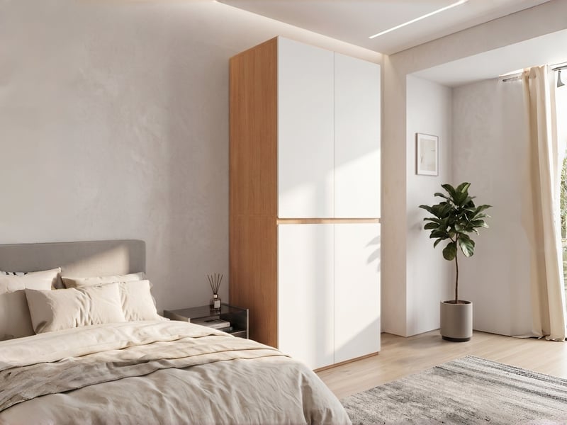 Armoire-penderie avec tiroir à bijoux, 90 x 50 x 200 cm, 4 portes, 1 penderie et 2 tiroirs, meuble haut moderne, finition chêne blanc  - Conforama B