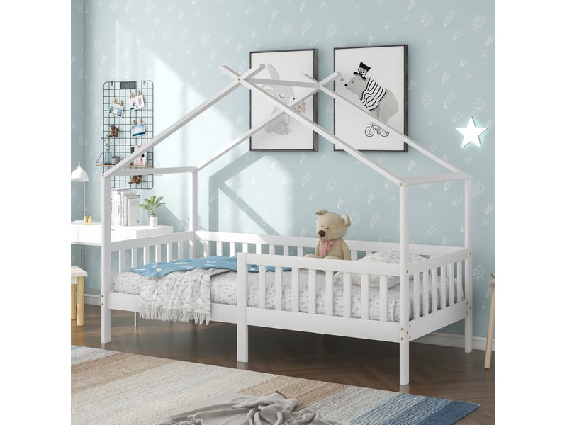  Modenvie lit cabane enfant 90x200 cm - avec barrières de sécurité et rangement, sommier inclus - blanc  - Conforama B