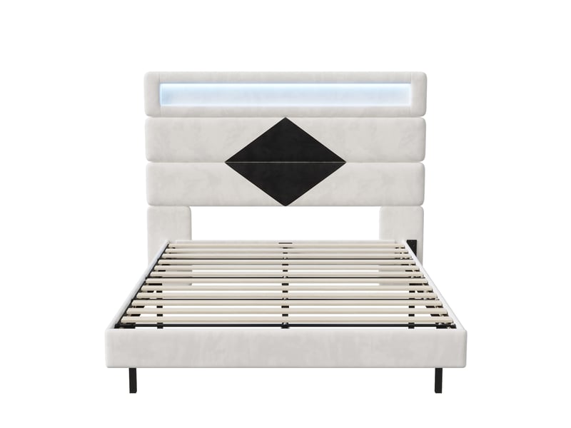  Lit rembourré suspendu 140x190cm-blanc et noir - tête de lit losange réglable avec led rgb et ports usb  - Conforama A
