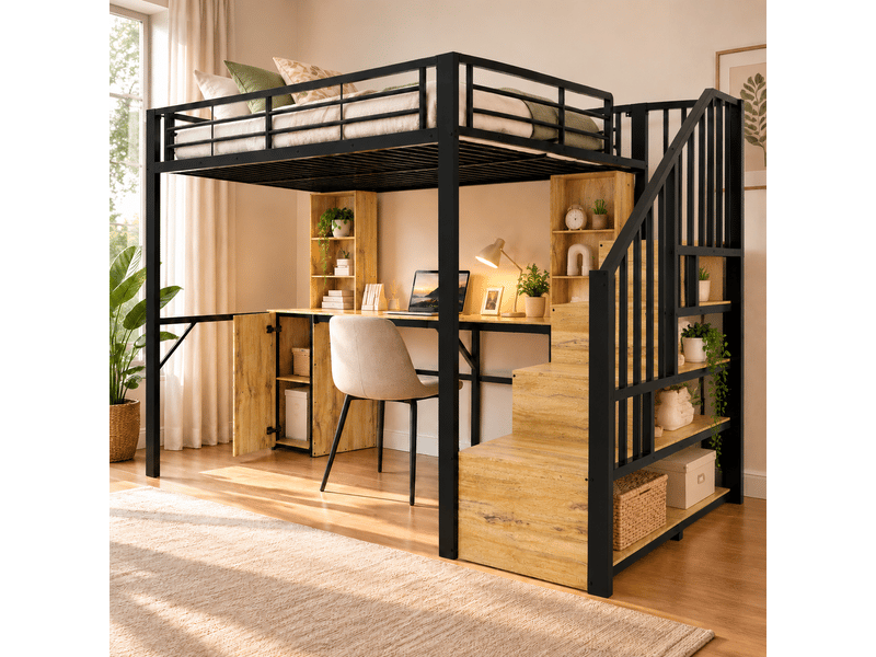  Lit mezzanine 90 x 200 cm avec bureau intégré, armoire, étagères, escalier de rangement et port usb, métal et bois - noir OMNIGLINT TRADING LTD - Conforama E