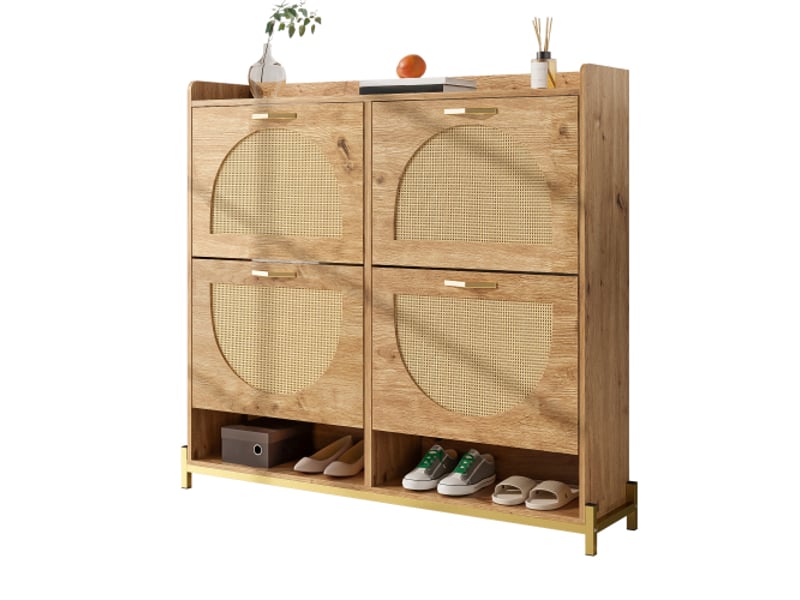 Meuble chaussures bois &amp; rotin 4 portes - structure métal, étagère supérieure - rangement élégant organisé,108,5x24x100cm  - Conforama A
