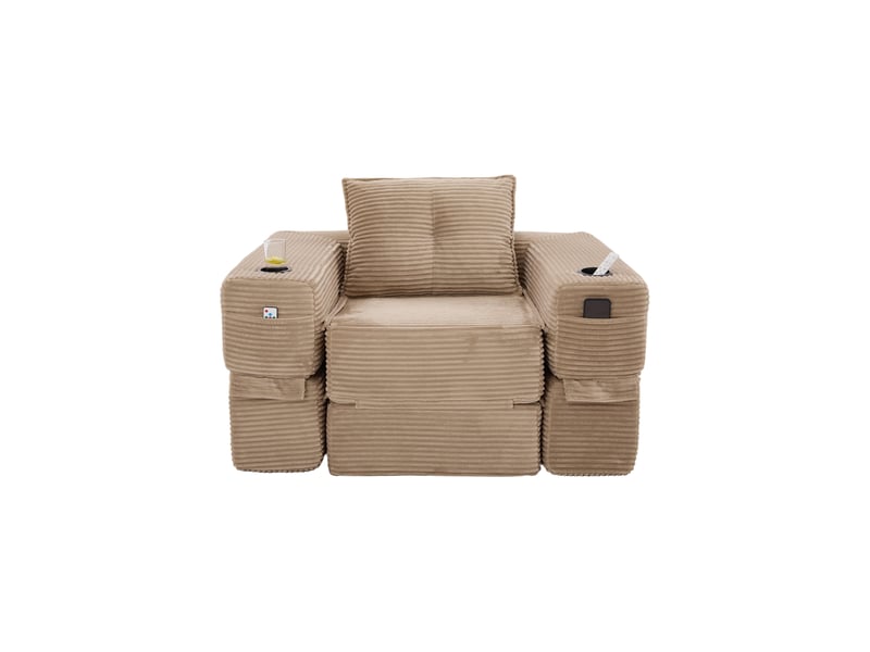  Canapé convertible 2 places en velours côtelé kaki avec tiroir de rangement et porte-gobelet  - Conforama A